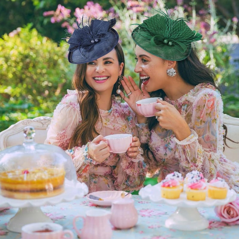 DRESHOW قبعة فاسيناتور مزينة بالريش مع رباط رأس للنساء، قبعات حفلات الشاي مع مشبك وزهرة لرأس الفتيات والنساء - Image 2